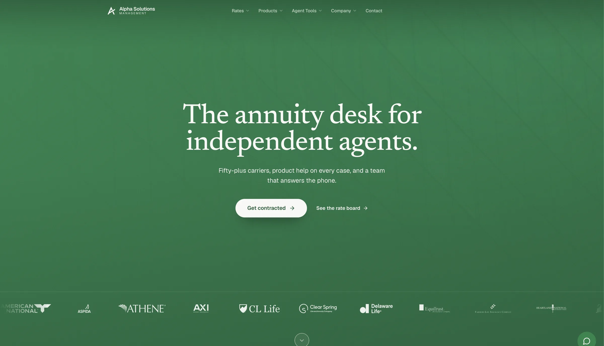 Alpha Solutions Management · B2B web platform for an IMO. The homepage hero reads "The annuity desk for independent agents", over a row of carrier logos.