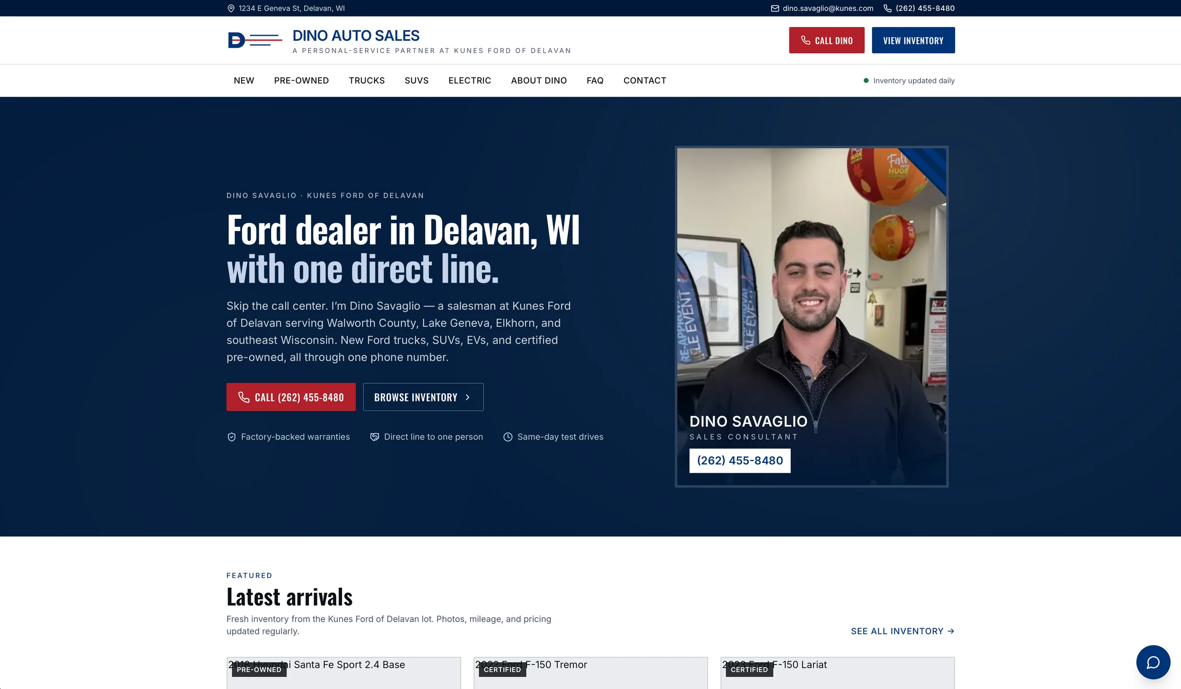 Dino Auto Sales · website and brand for a Ford salesman in Delavan, Wisconsin, with live inventory.