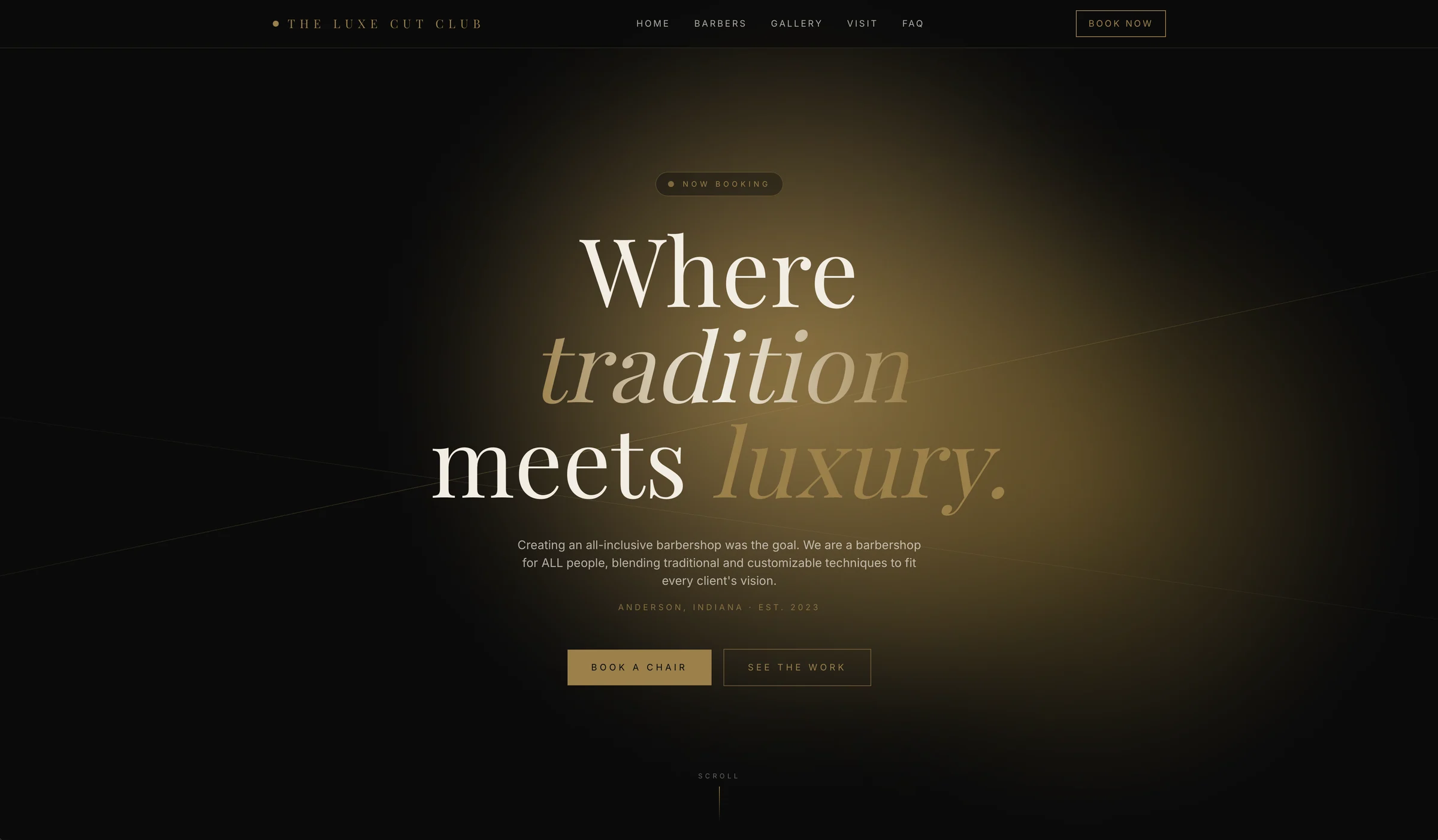 The Luxe Cut Club · brand identity and chair-first booking site for a barbershop in Anderson, Indiana.