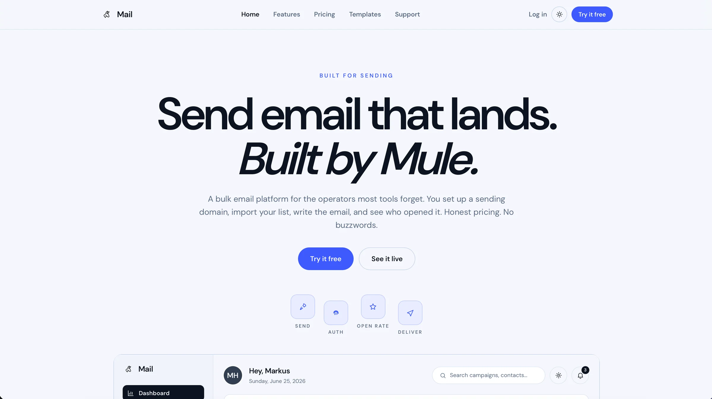 Mule Mail · a bulk email platform: set up a sending domain, import a list, write the email, see who opened it.