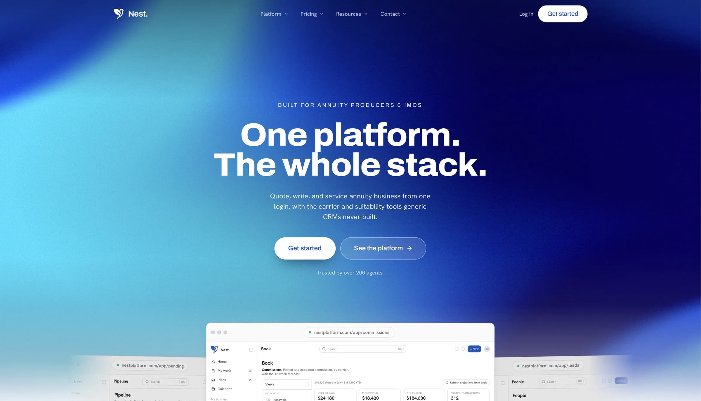 Nest · marketing site for the platform that gives licensed insurance agents and IMOs one login, headlined "One platform. The whole stack.", with the commissions, pipeline, and leads screens below it.