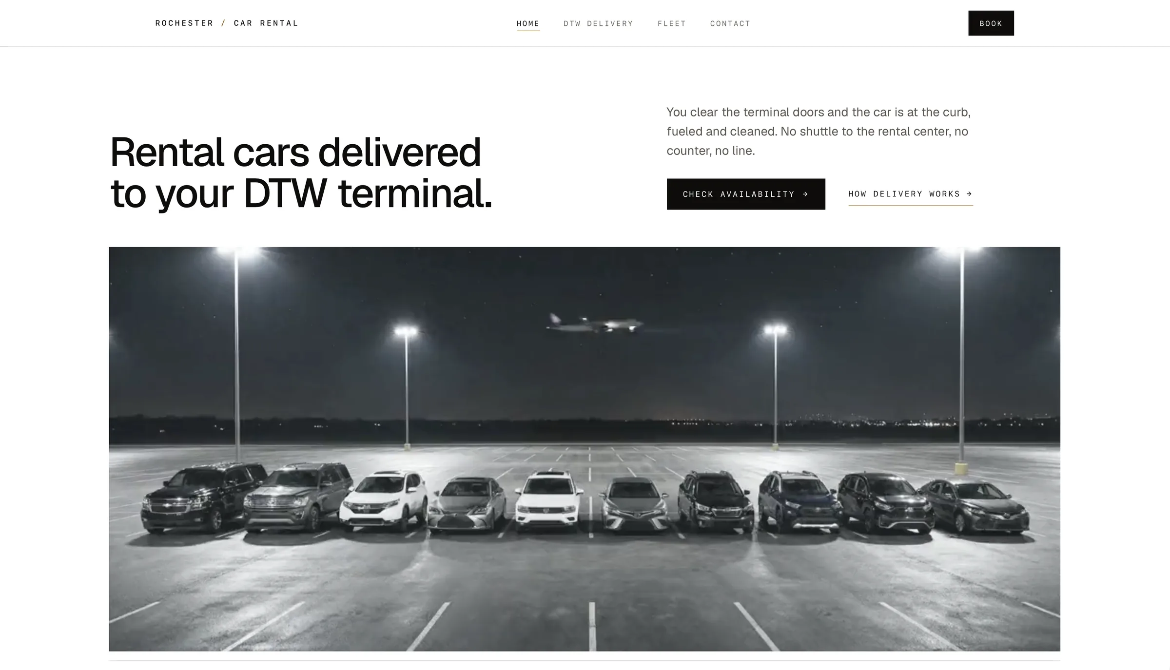 Rochester Car Rental · website and brand for a car-rental service delivering to Detroit Metro Airport, headlined "Rental cars delivered to your DTW terminal" above the fleet lined up on the apron.