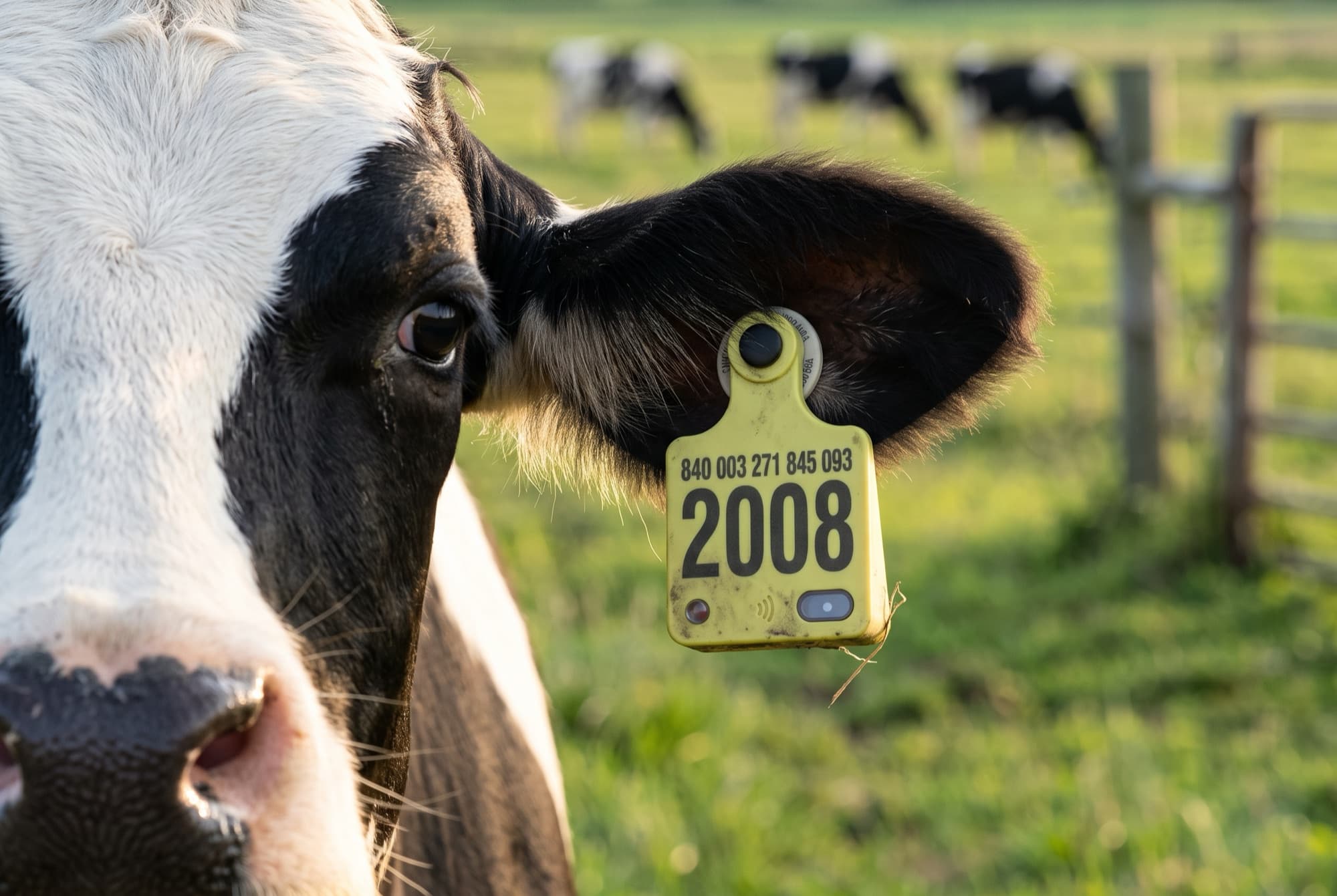 A black and white dairy cow in a pasture wearing a yellow Biometric EID Tag in her left ear.