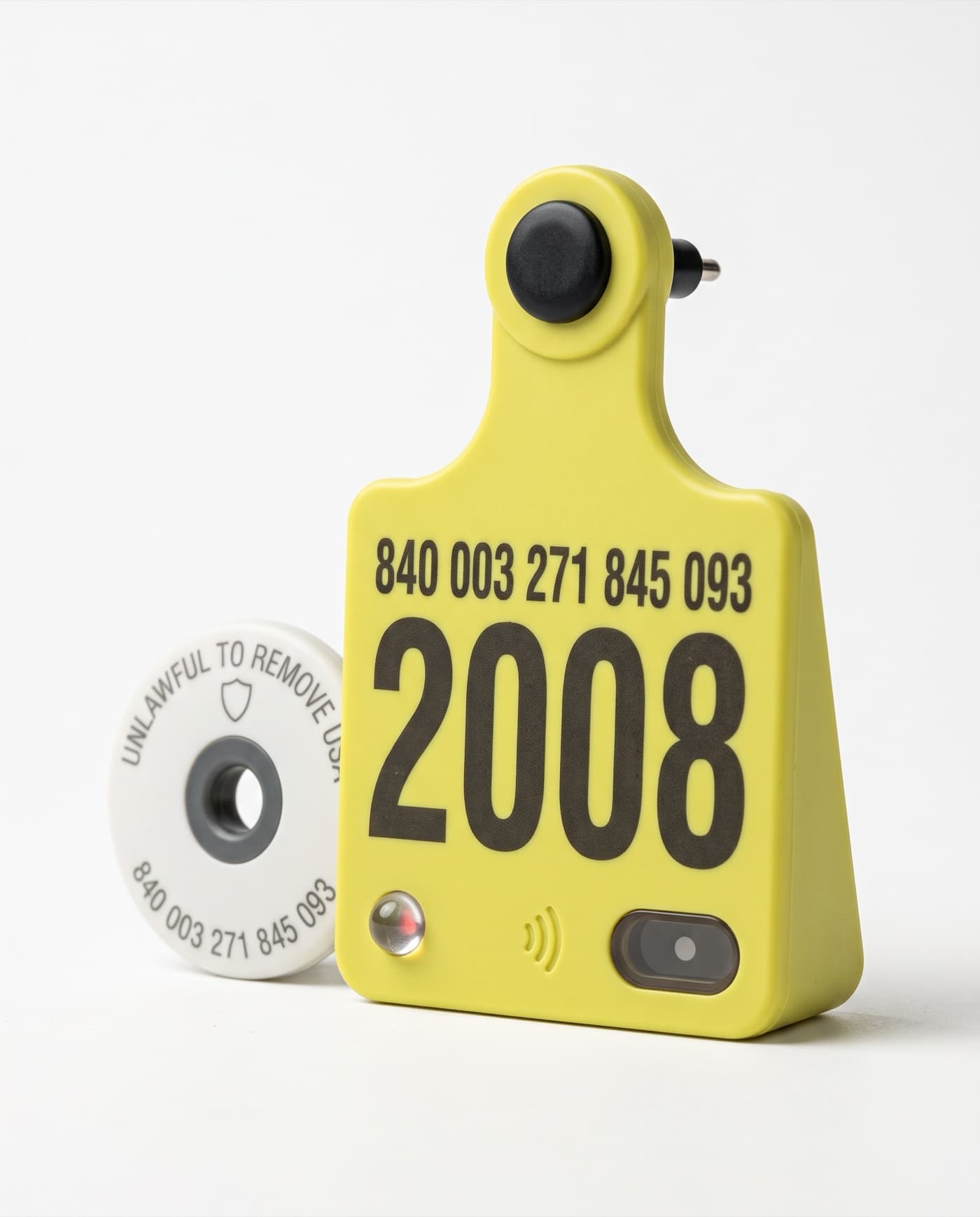 The Biometric EID Tag and its button piece on a white background, showing the status light and sensor window.